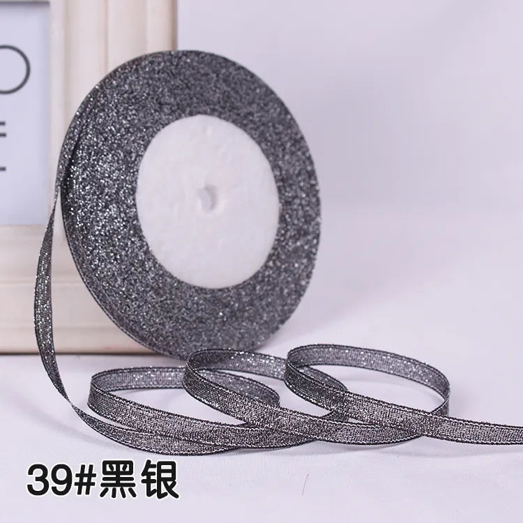 25Yards 6mm Silver Gold Glitter Silk Satin Ribbon Party Home Wedding Decoration Gift Wrapping Christmas Halloween DIY Material