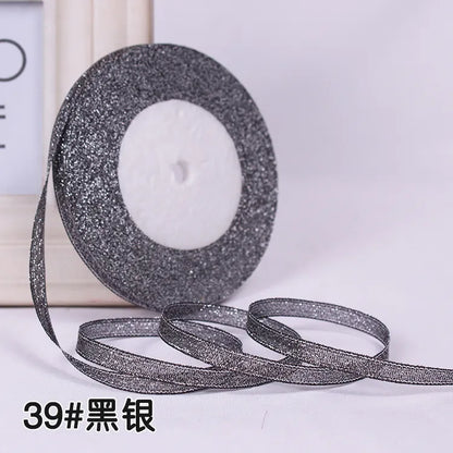 25Yards 6mm Silver Gold Glitter Silk Satin Ribbon Party Home Wedding Decoration Gift Wrapping Christmas Halloween DIY Material