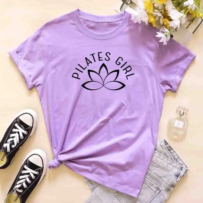 100% Cotton Pilates Girl T-Shirt Retro Women Lotus Flower Yoga Tees Minimalist Y2K Zen Meditation Summer Clothing