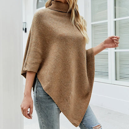 2023 Autumn Winter Button Poncho Women Sweater Oversized Turtleneck Jumper Knitwear Holiday Vintage Cape Batwing Sleeve Ponczo