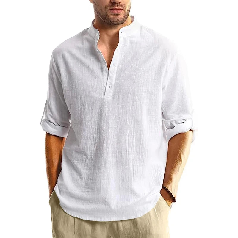 Men's Cotton Long Sleeve Henley Shirt Stand Collar Button Closure