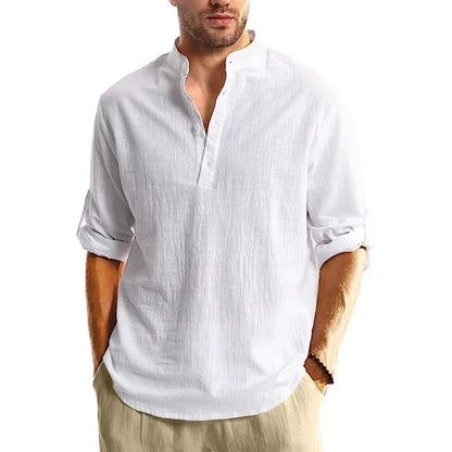 Men's Cotton Long Sleeve Henley Shirt Stand Collar Button Closure