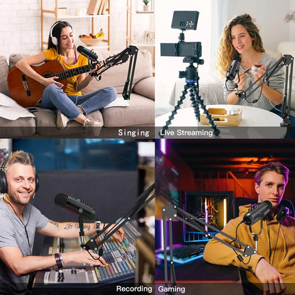 Haomuren Professional USB Streaming Podcast PC Microphone Studio Cardioid Condenser Mic Kit With Boom Arm for Recording YouTube