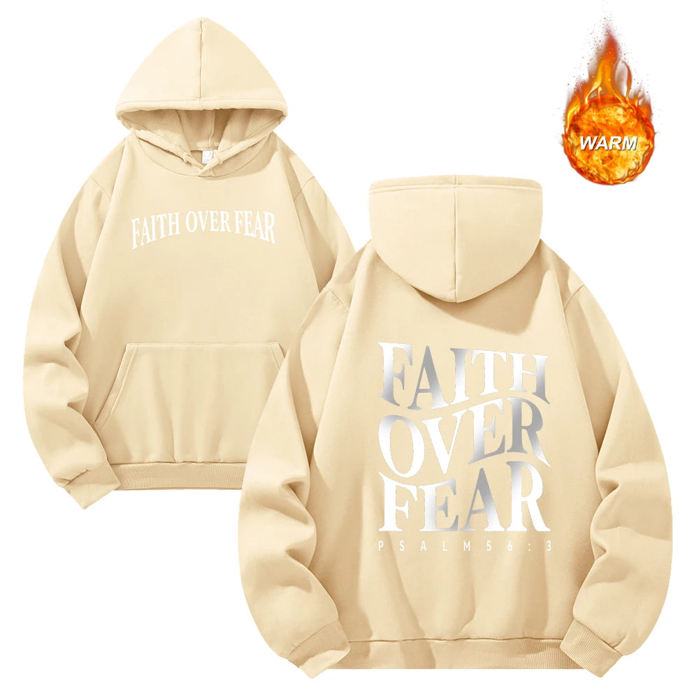 Faith Over Fear Printed Thickened Hoodies for Men Autumn and Winter Drawstring Pullover Sweatshirt Casual Commute Clothing