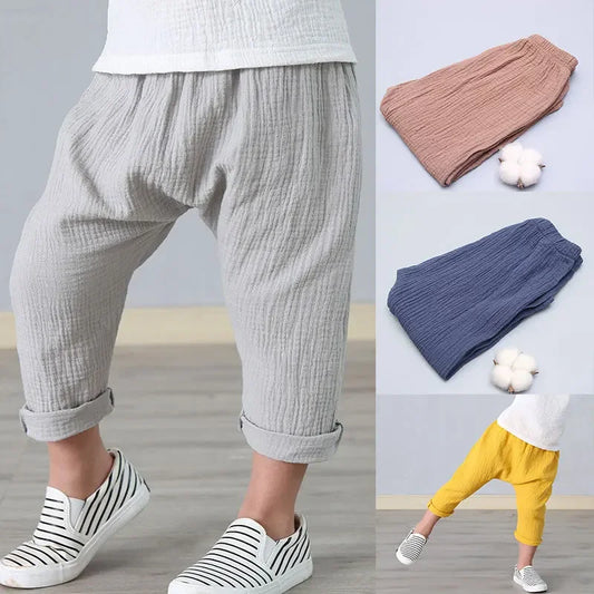 Kids Pants Boy Girl Summer Solid Color Linen Pleated Trousers Harem Pants