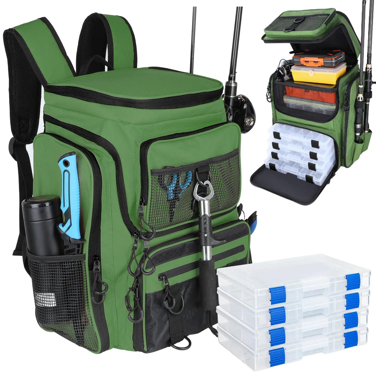 Fishing Backpack With Rod Holder 42L Large Water-Resistant Fishing Tackle Bag With 4 Tackle Boxes Store Fishing Gear for Fishing