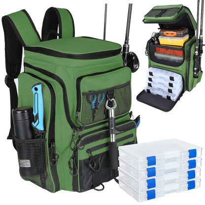 Fishing Backpack With Rod Holder 42L Large Water-Resistant Fishing Tackle Bag With 4 Tackle Boxes Store Fishing Gear for Fishing