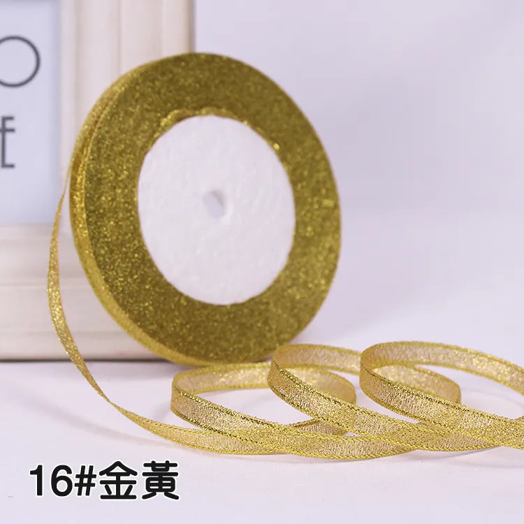 25Yards 6mm Silver Gold Glitter Silk Satin Ribbon Party Home Wedding Decoration Gift Wrapping Christmas Halloween DIY Material