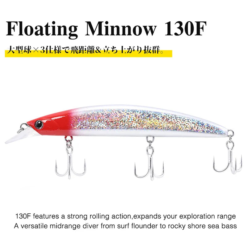 130F Ultra Long Casting Floating Wobbler Minnow Hard Bait 130mm 23g Flounder Sea Bass Saltwater Sea Fishing Lure Depth 0.8-1.5m