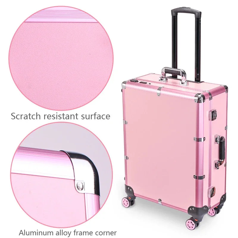NEW Professional Rolling Cosmetic Case Beauty Makeup Trolley Suitcase LED Light Mirror Luggage Aluminum Frame Folding Table