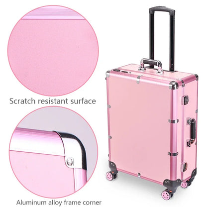 NEW Professional Rolling Cosmetic Case Beauty Makeup Trolley Suitcase LED Light Mirror Luggage Aluminum Frame Folding Table