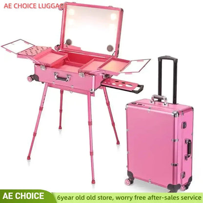 NEW Professional Rolling Cosmetic Case Beauty Makeup Trolley Suitcase LED Light Mirror Luggage Aluminum Frame Folding Table