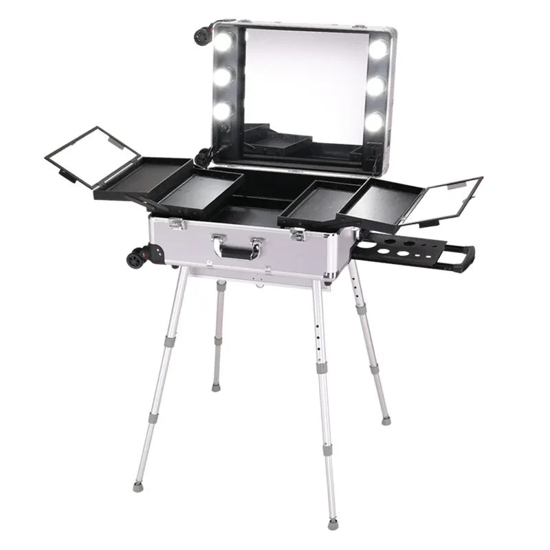 NEW Professional Rolling Cosmetic Case Beauty Makeup Trolley Suitcase LED Light Mirror Luggage Aluminum Frame Folding Table