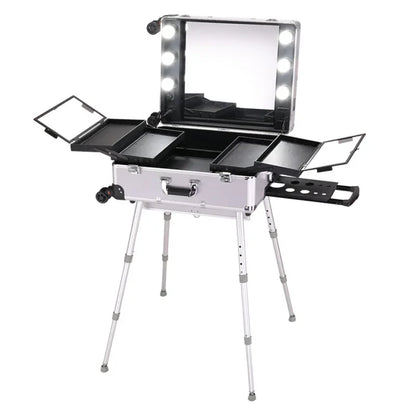 NEW Professional Rolling Cosmetic Case Beauty Makeup Trolley Suitcase LED Light Mirror Luggage Aluminum Frame Folding Table