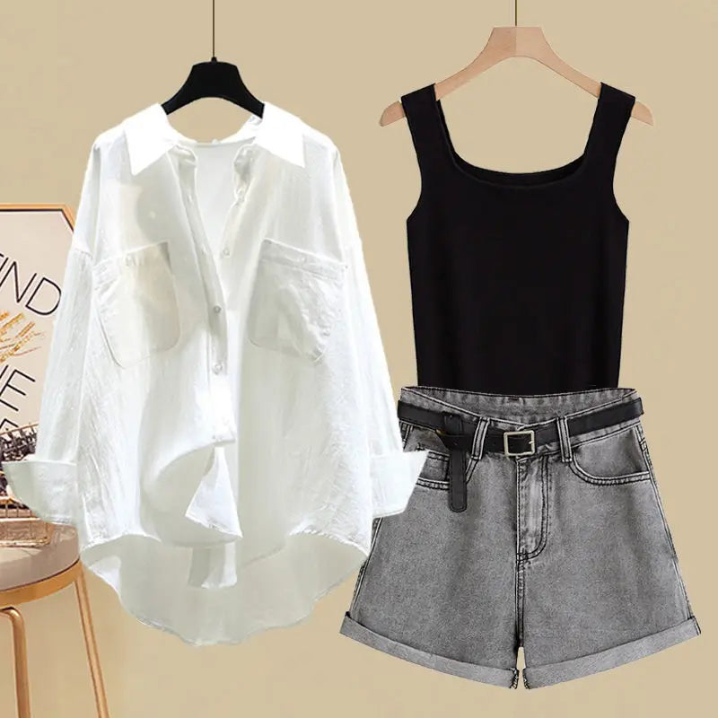 Spring/Summer Set Women's 2024 New Korean Fashion Sunscreen Shirt Casual Tank Top Slimming Denim Shorts Three Piece Set