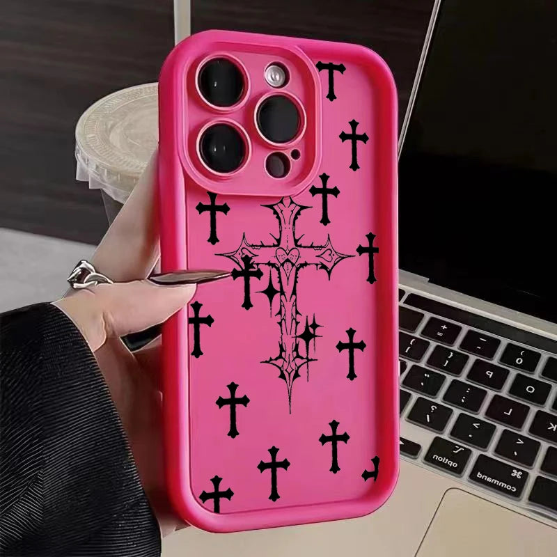 Luxury Black Cross Print Phone Case for iPhone 15 14 13 12 11 Pro Max Mini XR XS MAX 7 8 Plus SE2022 Shockproof Soft Funda Cover