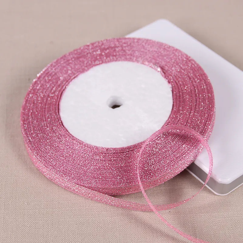 25Yards 6mm Silver Gold Glitter Silk Satin Ribbon Party Home Wedding Decoration Gift Wrapping Christmas Halloween DIY Material