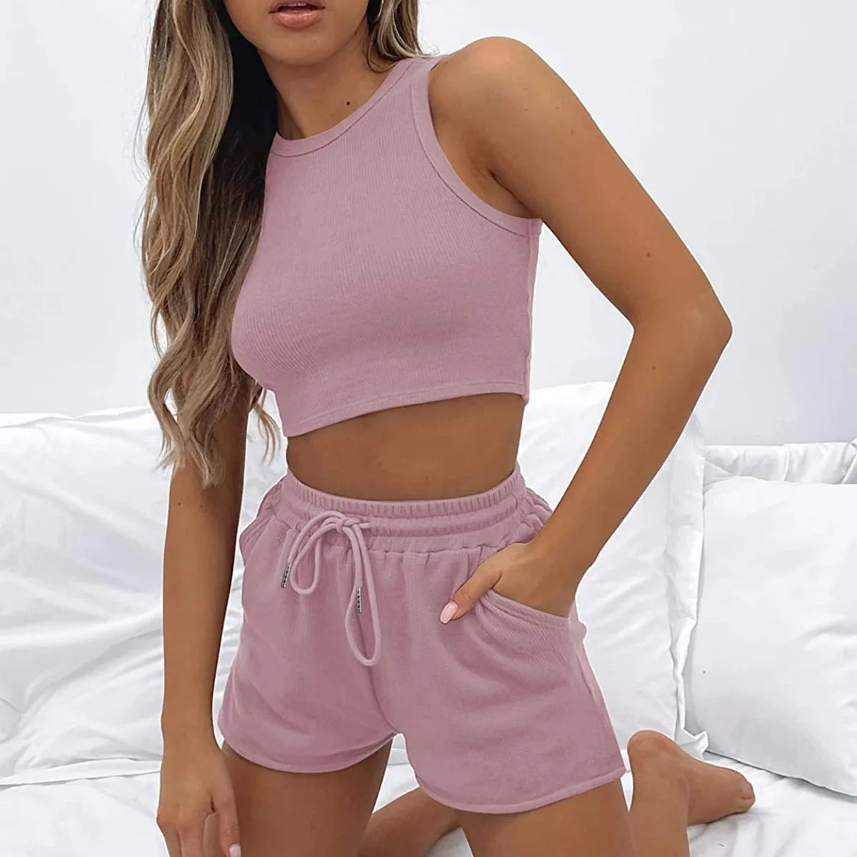 Y2k Two Piece Sets Women Vest Crop Tracksuit Tops Short Sets Beach Lace Up Elastic Waist Loose Casual Summer Set Matching Sets