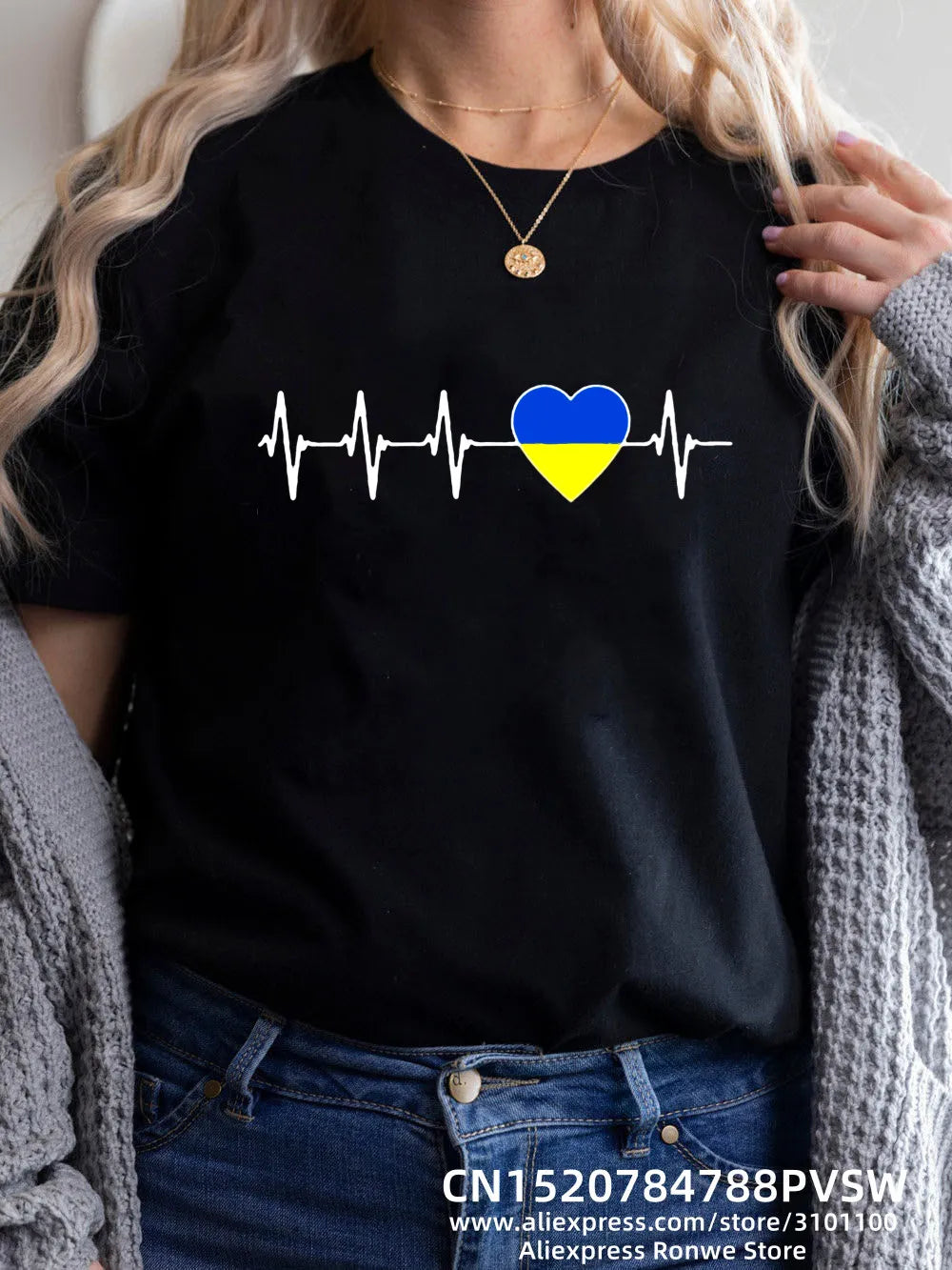 Heartbeat Blue Yellow Women Print T-Shirt Girl Y2K Short Sleeve Tee Tops Lady 90S Sweetshirts Female Harajuku Clothing