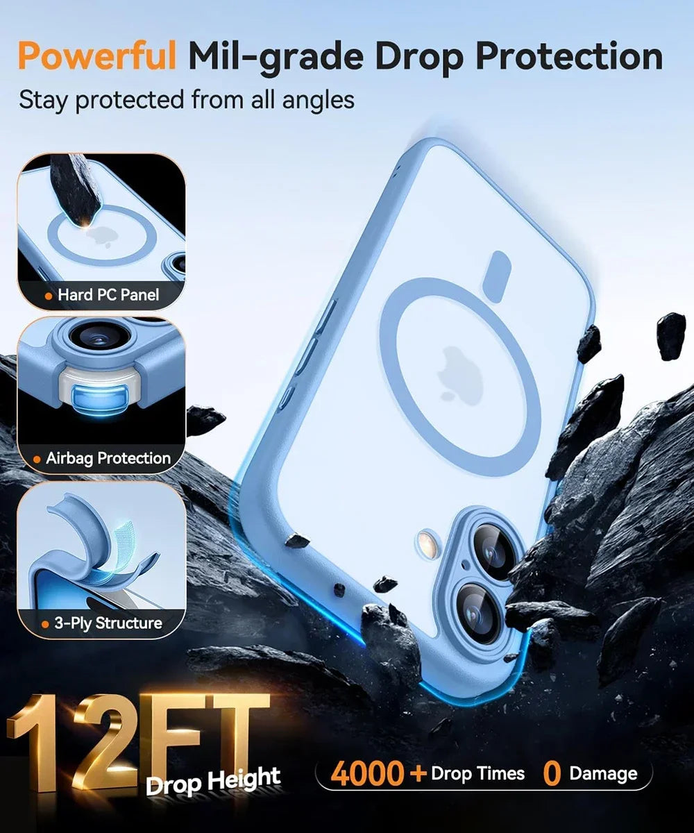 Magnetic Translucent Armor Shockproof Case for iPhone 17 16 15 14 13 12 11 18 Pro Max Plus for Magsafe Wireless Charge Cover