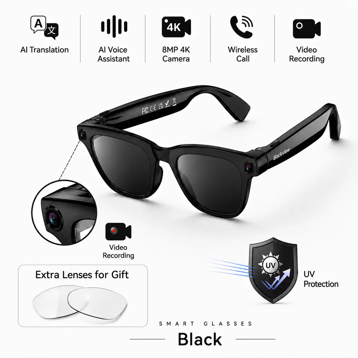 Blackview BV300 4K AI Glasses Color-Changing Smart Translation Glasses Photo Video Recording Waterproof Call Smart Sunglasses