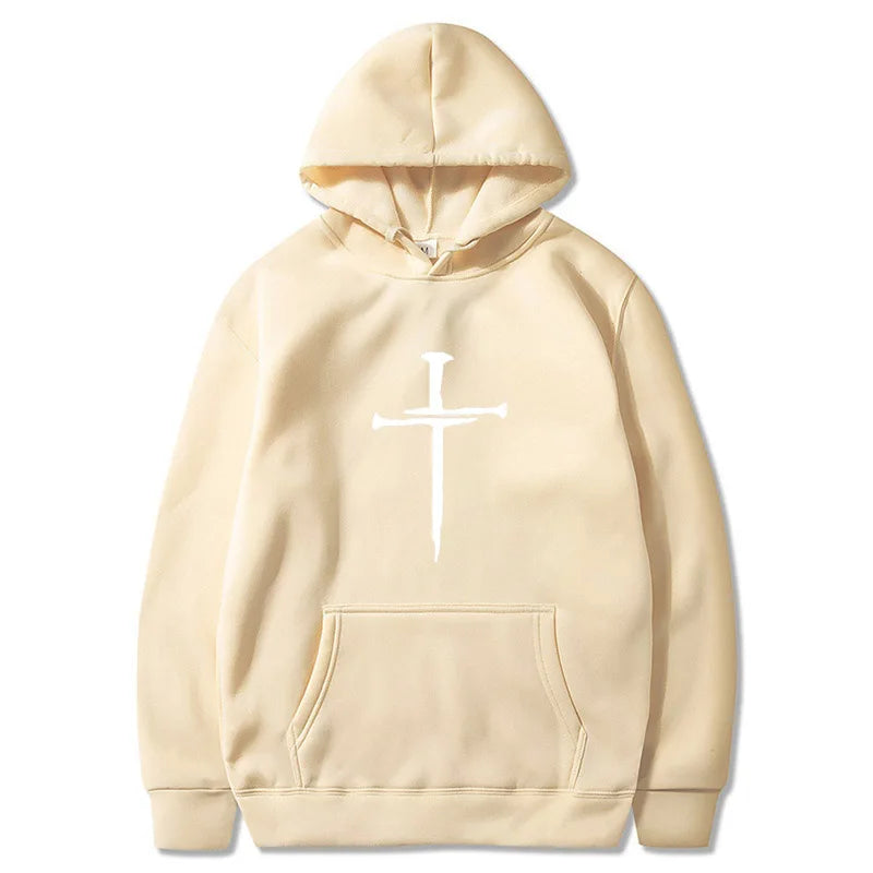 Men's Cross Graphic Hoodie - Black Casual Pullover Sweatshirt With Religious Symbol Print, Fashion Streetwear for Autumn/Winter