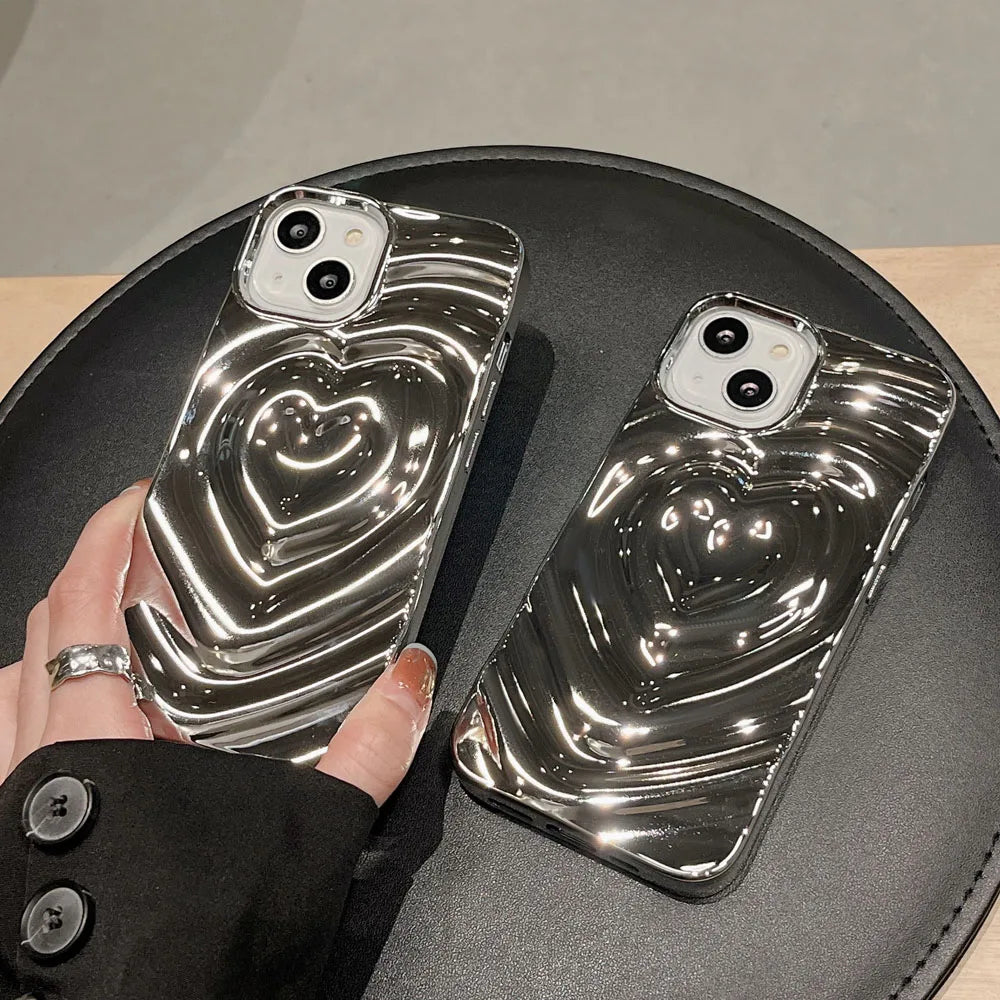 Luxury Electroplate Silver 3D Heart Water Ripple Phone Case for iPhone 14 13 12 11 15 Pro Max Cases Soft Silicone Shockproof