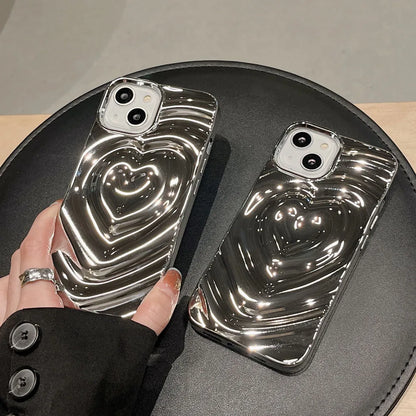 Luxury Electroplate Silver 3D Heart Water Ripple Phone Case for iPhone 14 13 12 11 15 Pro Max Cases Soft Silicone Shockproof