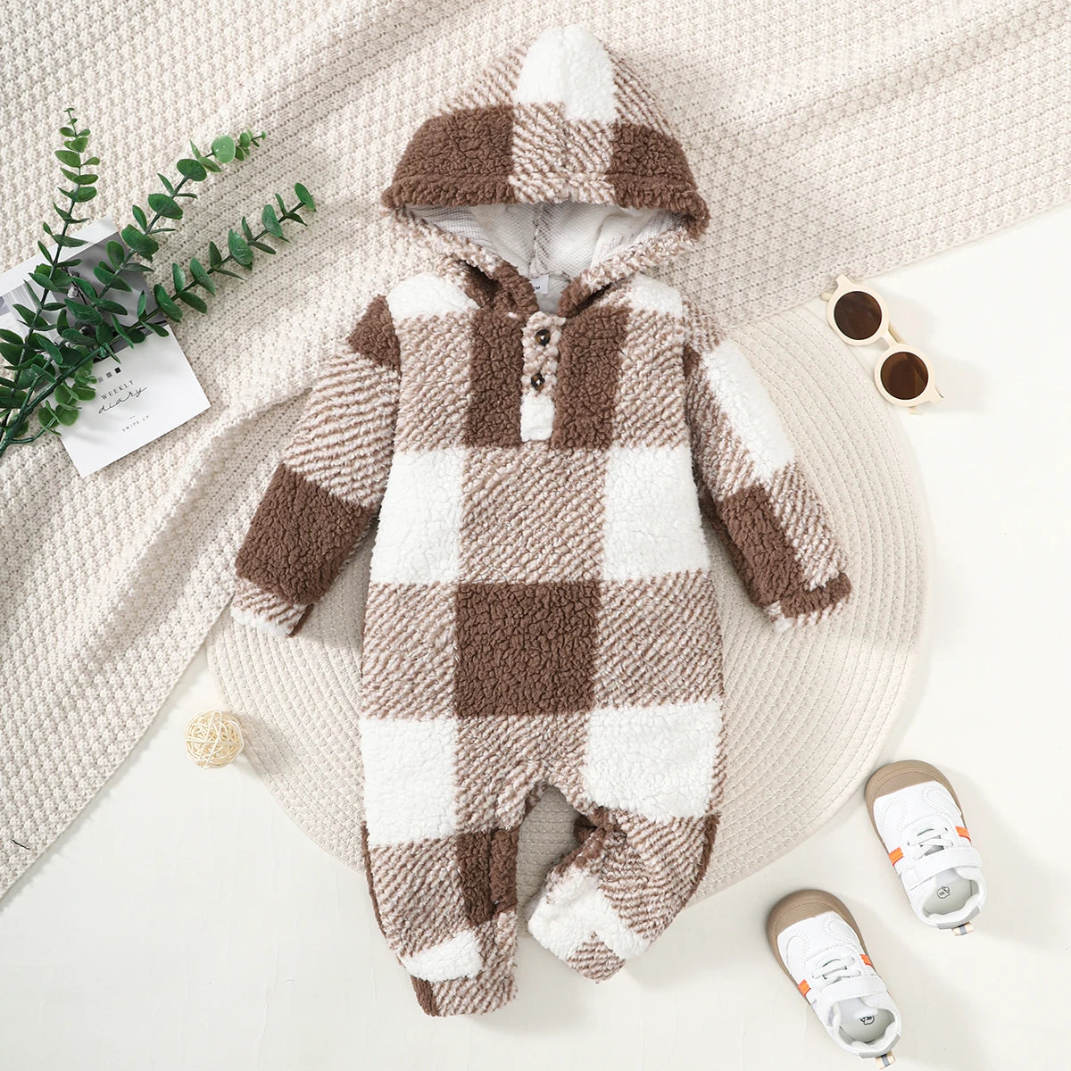 Baby Boys and Girls Plaid Romper Hooded