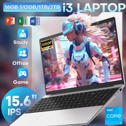 15.6 Inch Intel Notebook PC Ultra Slim Laptop Intel Core I3 6100U 16GB RAM 1TB 2TB SSD Office Study Computer PC Windows 11 Pro