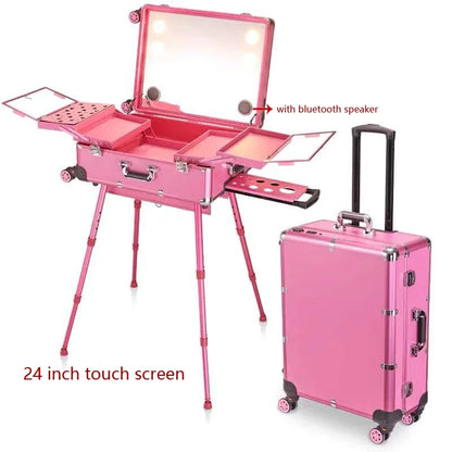 NEW Professional Rolling Cosmetic Case Beauty Makeup Trolley Suitcase LED Light Mirror Luggage Aluminum Frame Folding Table