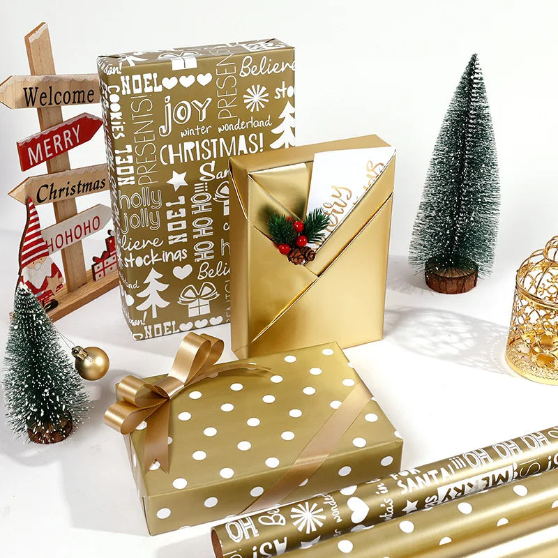 17" X 120" Wrapping Paper Roll Gold Dots Metallic Color With Snowflake Xmas Tree Gifts Pattern for Christmas Birthday Party