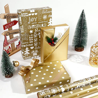 17" X 120" Wrapping Paper Roll Gold Dots Metallic Color With Snowflake Xmas Tree Gifts Pattern for Christmas Birthday Party