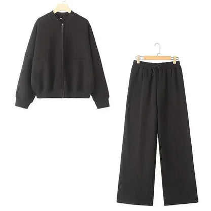 2024 Autumn Women's Thick Hoodie Coat + Drawstring High Waist Loose Casual Pants Set Lined Fleece Woman's Clothing Street