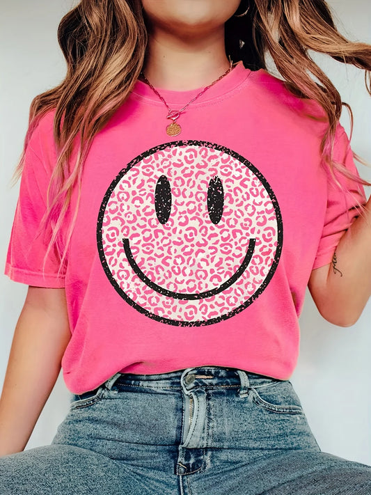 Cute Smile Print T Shirt Casual Short Sleeve Round Neck Top Women's Clothing Summer Ladies Street Vintage Tee Plus Size Girl Top