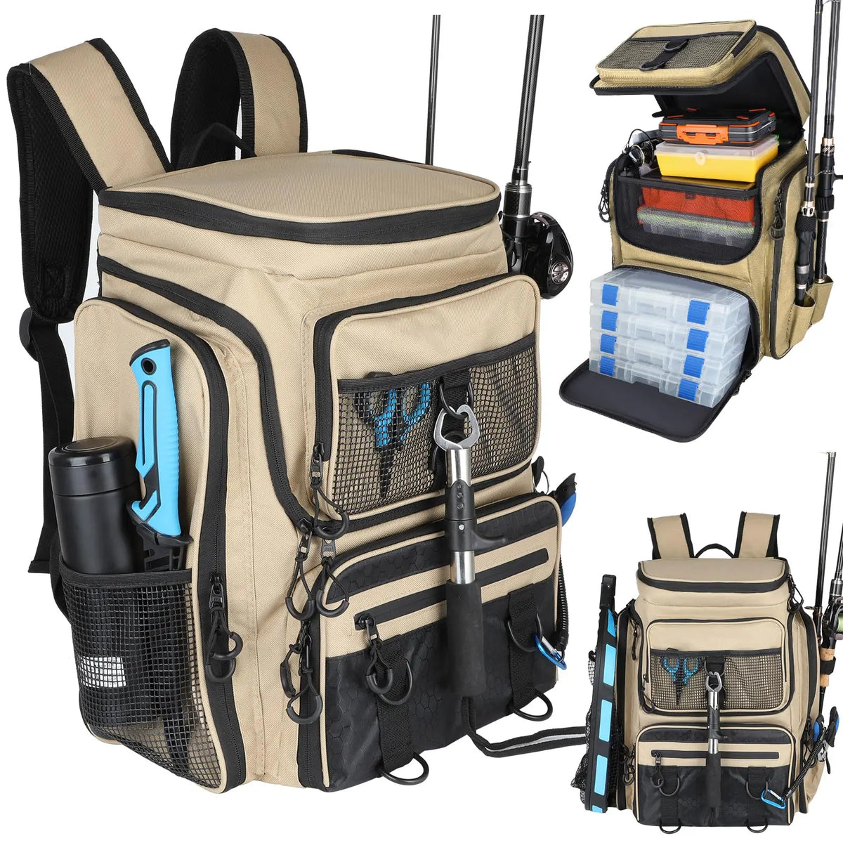 Fishing Backpack With Rod Holder 42L Large Water-Resistant Fishing Tackle Bag With 4 Tackle Boxes Store Fishing Gear for Fishing