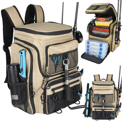 Fishing Backpack With Rod Holder 42L Large Water-Resistant Fishing Tackle Bag With 4 Tackle Boxes Store Fishing Gear for Fishing