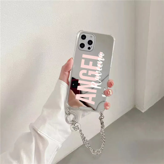 Personalisa Name Luxury Full Mirror Stap Case for Iphone 14 13 15 16 17 Pro Max 16 15 Plus Case Air Soft Shockproof Impact Cases