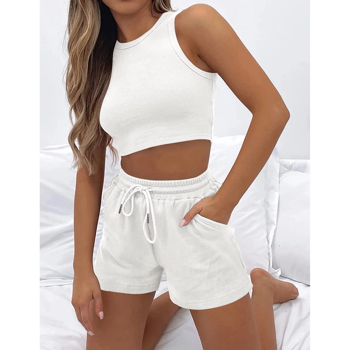 Y2k Two Piece Sets Women Vest Crop Tracksuit Tops Short Sets Beach Lace Up Elastic Waist Loose Casual Summer Set Matching Sets