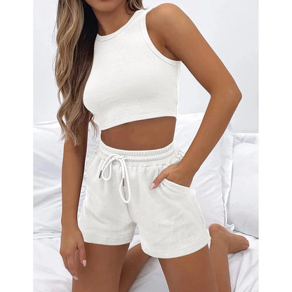 Y2k Two Piece Sets Women Vest Crop Tracksuit Tops Short Sets Beach Lace Up Elastic Waist Loose Casual Summer Set Matching Sets