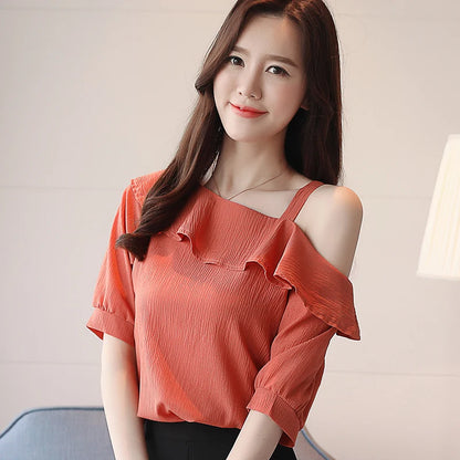 Women's Shirt Tops One-Shoulder Ruffles Short-Sleeved Chiffon Blouse