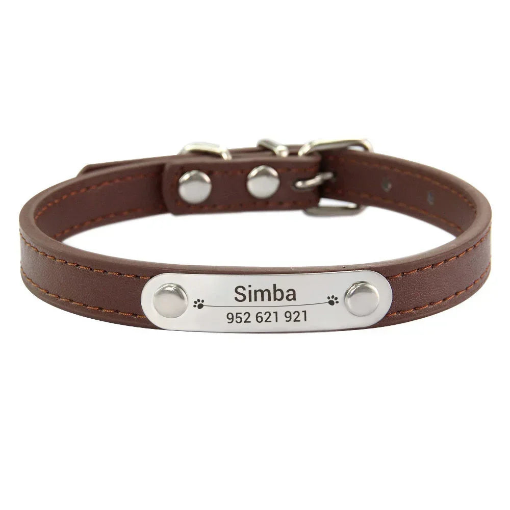 Personalized Dog Collar Name Carved ID Anti-Lost Solid PU Leather Collar for Small Medium Large Dogs Puppy Cat Pet Supplies Pink