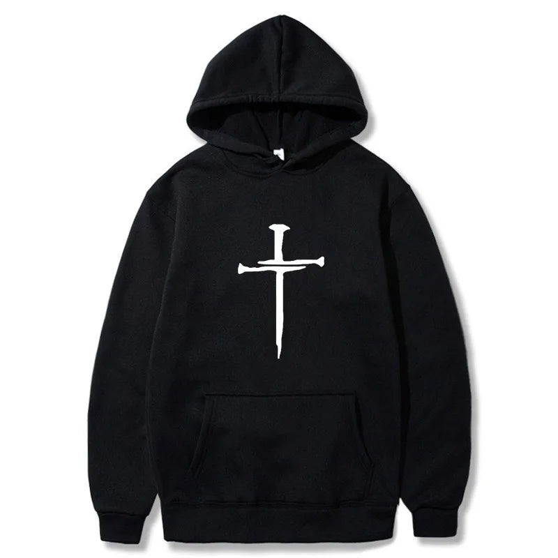 Men's Cross Graphic Hoodie - Black Casual Pullover Sweatshirt With Religious Symbol Print, Fashion Streetwear for Autumn/Winter