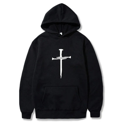 Men's Cross Graphic Hoodie - Black Casual Pullover Sweatshirt With Religious Symbol Print, Fashion Streetwear for Autumn/Winter