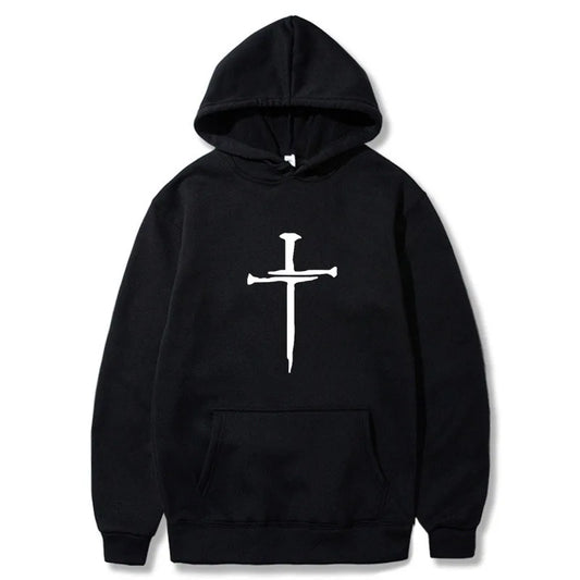 Men's Cross Graphic Hoodie - Black Casual Pullover Sweatshirt With Religious Symbol Print, Fashion Streetwear for Autumn/Winter