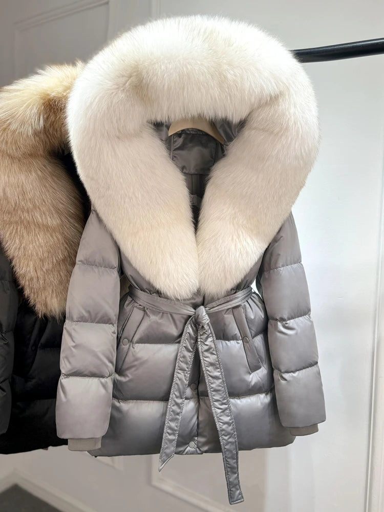 2025 New Natural Thick Warm 90% White Goose Down Coat Long Winter Jacket Women Real Big Fox Fur Collar Belt Loose Puffer Parka