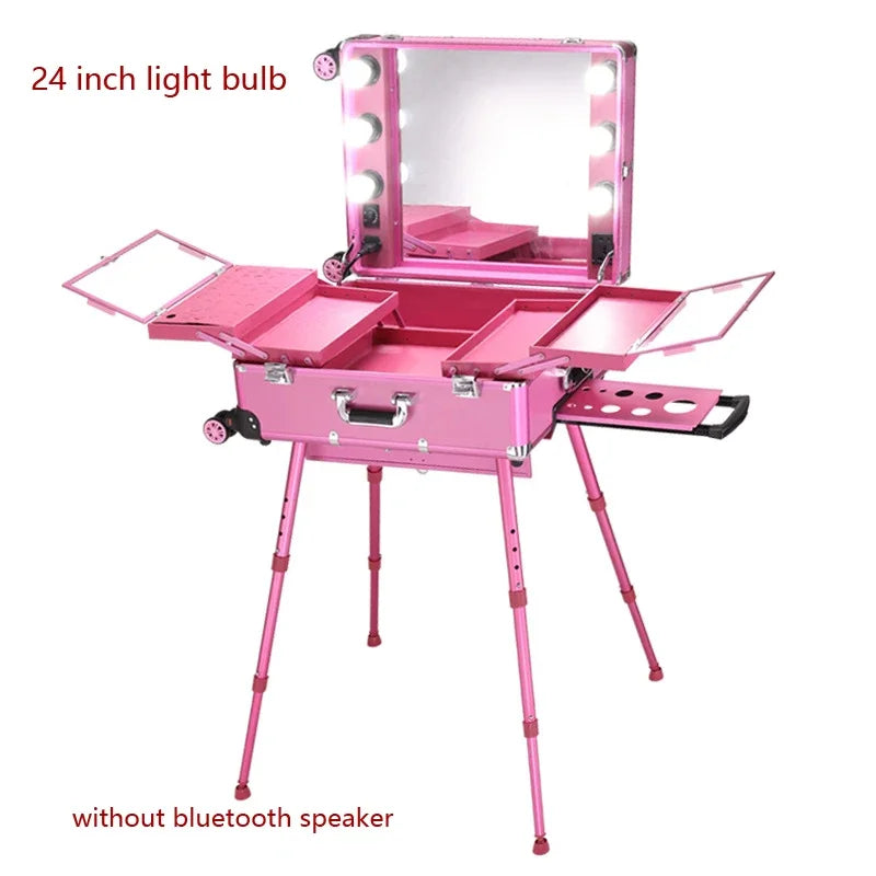 NEW Professional Rolling Cosmetic Case Beauty Makeup Trolley Suitcase LED Light Mirror Luggage Aluminum Frame Folding Table