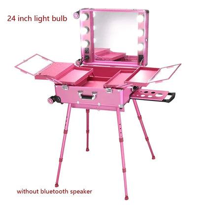 NEW Professional Rolling Cosmetic Case Beauty Makeup Trolley Suitcase LED Light Mirror Luggage Aluminum Frame Folding Table