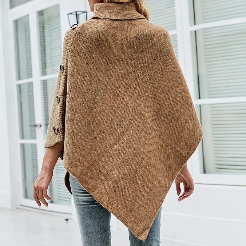 2023 Autumn Winter Button Poncho Women Sweater Oversized Turtleneck Jumper Knitwear Holiday Vintage Cape Batwing Sleeve Ponczo