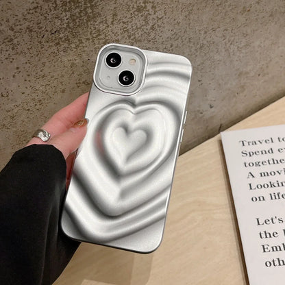 Luxury Electroplate Silver 3D Heart Water Ripple Phone Case for iPhone 14 13 12 11 15 Pro Max Cases Soft Silicone Shockproof